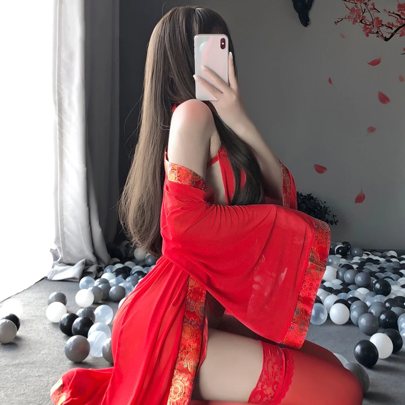 Piros Női Szexi Cosplay Jelmez Klasszikus Köntösben a Bellyband Erotikus Pizsama Szexi Hálóingre Átlátszó Hálóruházat, Női Kép 1