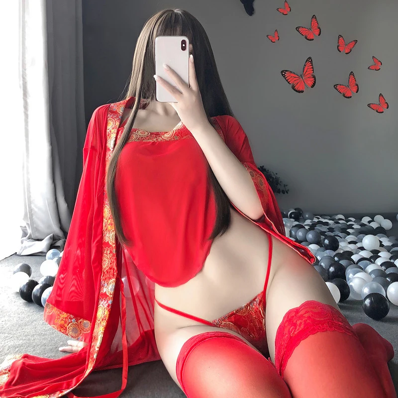 Piros Női Szexi Cosplay Jelmez Klasszikus Köntösben a Bellyband Erotikus Pizsama Szexi Hálóingre Átlátszó Hálóruházat, Női Kép 4