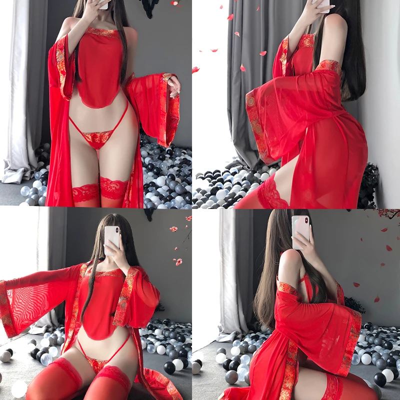 Piros Női Szexi Cosplay Jelmez Klasszikus Köntösben a Bellyband Erotikus Pizsama Szexi Hálóingre Átlátszó Hálóruházat, Női Kép 5