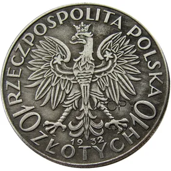 Lengyelország 10 Zlotych 1932 Ezüst Bevonatú Másolás Érme 2